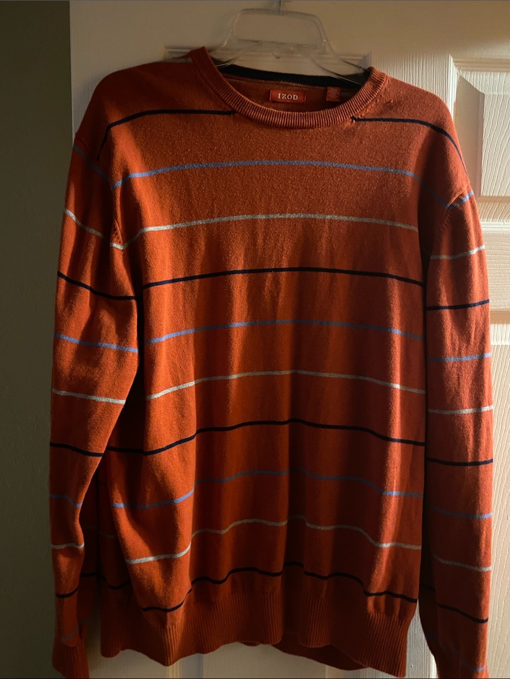 Izod Orange Crewneck Sweater with Navy and Light Blue Stripes